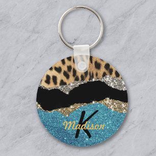 Chic girly animal print turquoise glitter monogram key ring