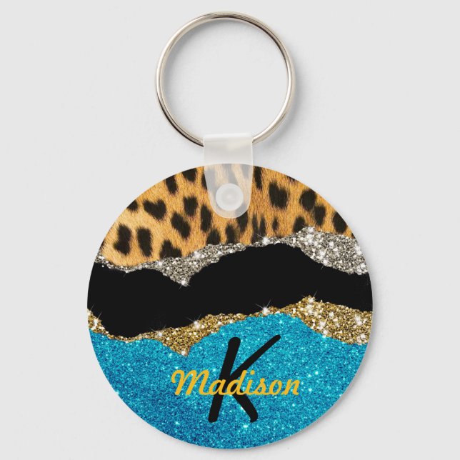 Chic girly animal print turquoise glitter monogram key ring (Front)