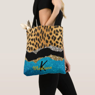 Chic girly animal print turquoise glitter monogram tote bag