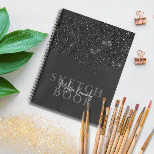 Chic Girly Black Glitter Drips Monogram Sketchbook Notebook