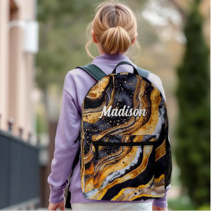 Chic girly black gold marble art printed backpack