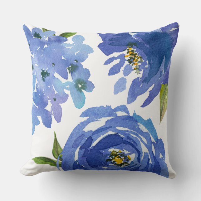Chic Girly Blue Floral Peonies Hydrangeas Cushion (Front)
