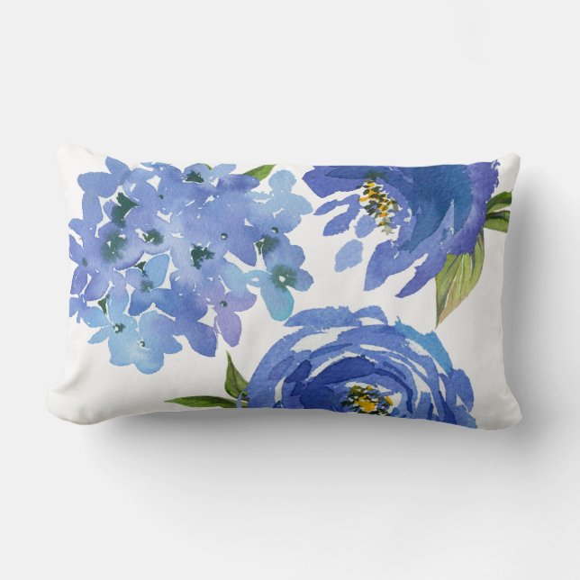 Chic Girly Blue Floral Peonies Hydrangeas Lumbar Cushion (Front)