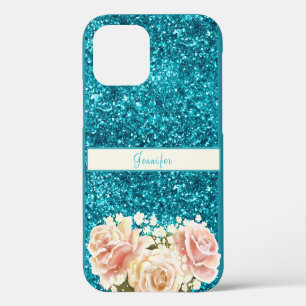 Chic Girly Blue Glitter Floral Name Design iPhone 12 Case