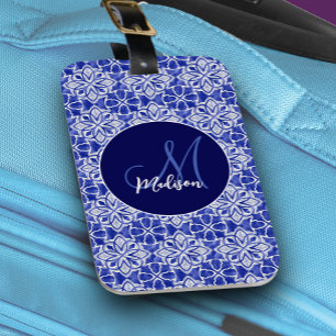 Chic Girly Blue Grey Elegant Initial Monogram Luggage Tag