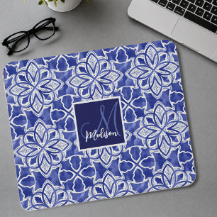 Chic Girly Blue Grey Initial Monogram Mouse Pad