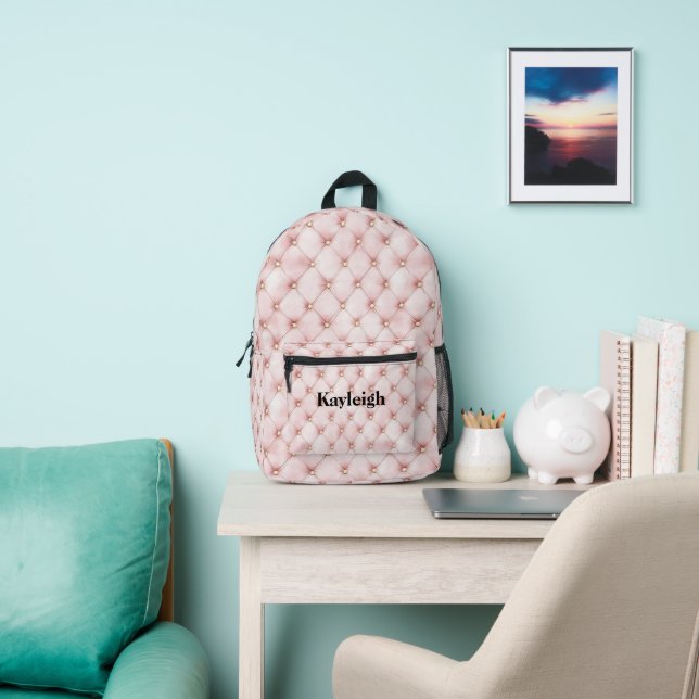 Chic Girly Blush Pink & Gold Printed Backpack (Insitu)