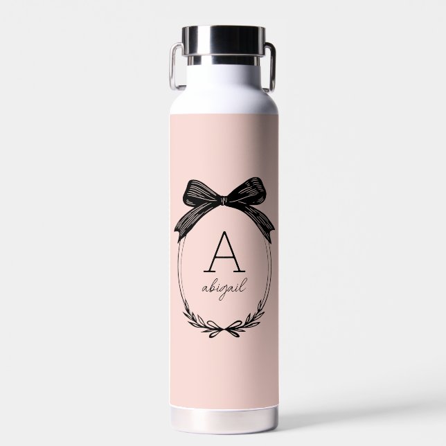 Chic Girly Bow Modern Feminine Blush Pink Monogram Water Bottle (Front)