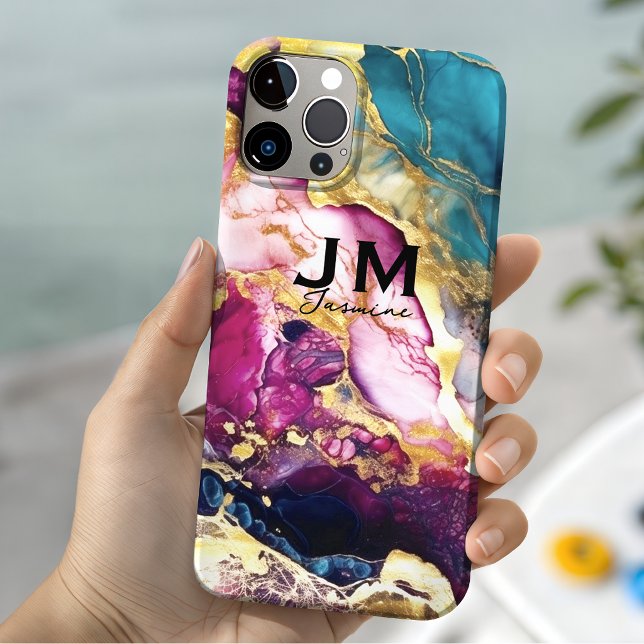 Chic girly colourful marble faux glitter monogram Case-Mate iPhone case (Creator Uploaded)