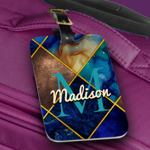 Chic girly faux Glitter gold blue geometric square Luggage Tag