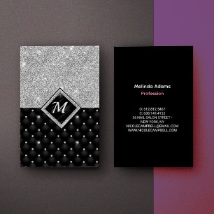 Chic girly faux glitter silver black monogram business card