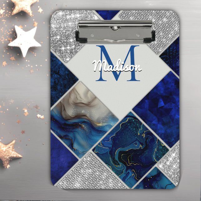 Chic girly faux Glitter silver blue geometric  Clipboard (Creator Uploaded)