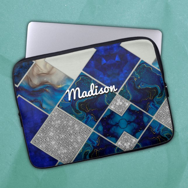 Chic girly faux Glitter silver blue geometric  Laptop Sleeve (Creator Uploaded)