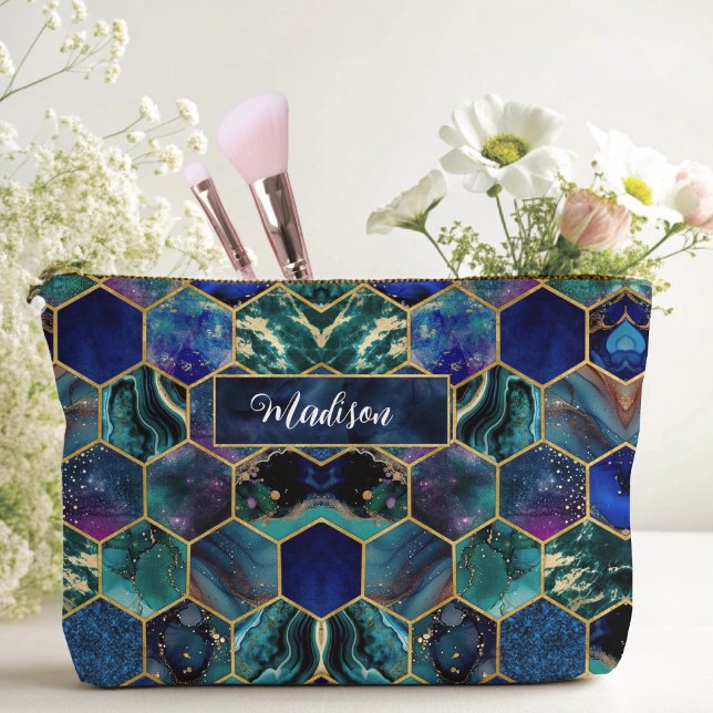 Chic girly faux Glitter Turquoise blue geometric Accessory Pouch (Creator Uploaded)