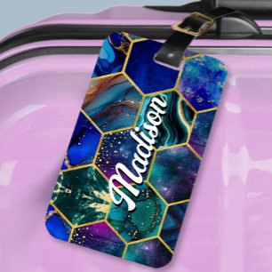 Chic girly faux Glitter Turquoise blue geometric  Luggage Tag