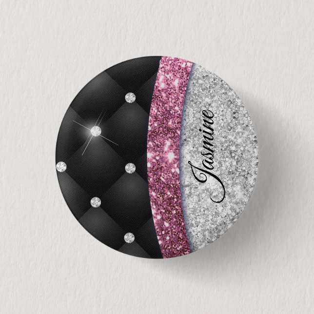Chic girly faux Silver glitter black pink monogram 3 Cm Round Badge (Front)