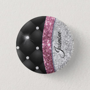 Chic girly faux Silver glitter black pink monogram 3 Cm Round Badge