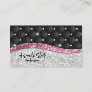 Chic girly faux Silver glitter black pink monogram Appointment Card
