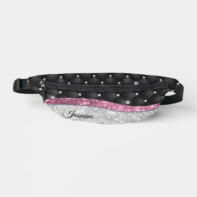 Chic girly faux Silver glitter black pink monogram Bum Bags (Front)