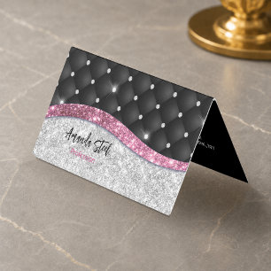 Chic girly faux Silver glitter black pink monogram Business Card