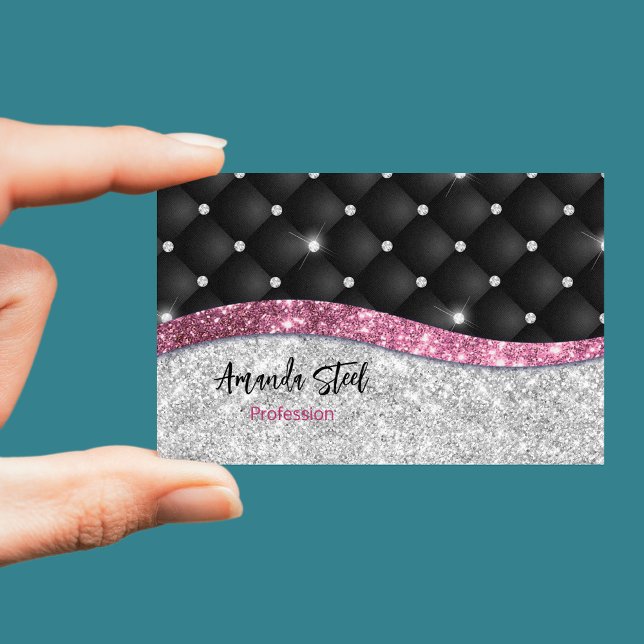 Chic girly faux Silver glitter black pink monogram Business Card (Creator Uploaded)