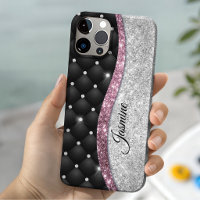 Chic girly faux Silver glitter black pink monogram