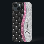 Chic girly faux Silver glitter black pink monogram iPhone 13 Case<br><div class="desc">Pretty chic and elegant girly faux silver glitter and rhinestones bling with black tuffted design to create a special unique stylish case to protect your device. Beautiful, modern and cool cover for the trend-savvy and art-loving hip trendsetter. This stylish sophisticated design would be great for girls who enjoy wearing classy...</div>