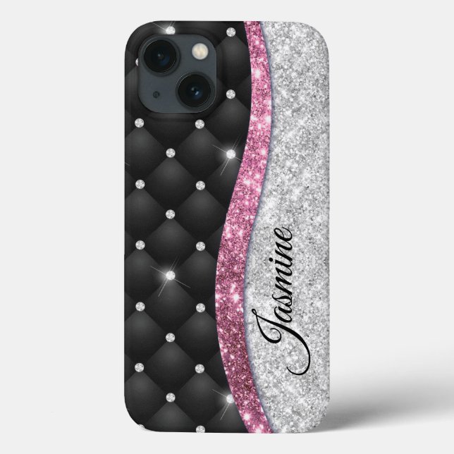 Chic girly faux Silver glitter black pink monogram Case-Mate iPhone Case (Back)