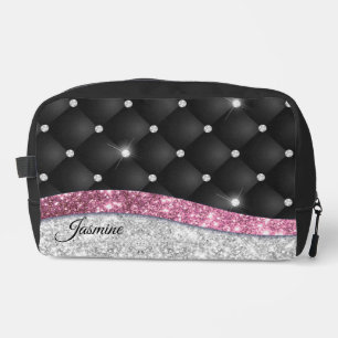 Chic girly faux Silver glitter black pink monogram Dopp Kit