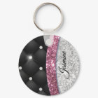 Chic girly faux Silver glitter black pink monogram