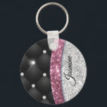 Chic girly faux Silver glitter black pink monogram Key Ring<br><div class="desc">A cool girly faux silver and pink glitter and rhinestones bling with black tuffted design. Elegant Glitter Monogram keychain. Personalise it with your name, monogram or other desired text. This makes the perfect sweet 16 birthday, wedding, bridal shower, anniversary, baby shower or bachelorette party gift for someone that loves glam...</div>