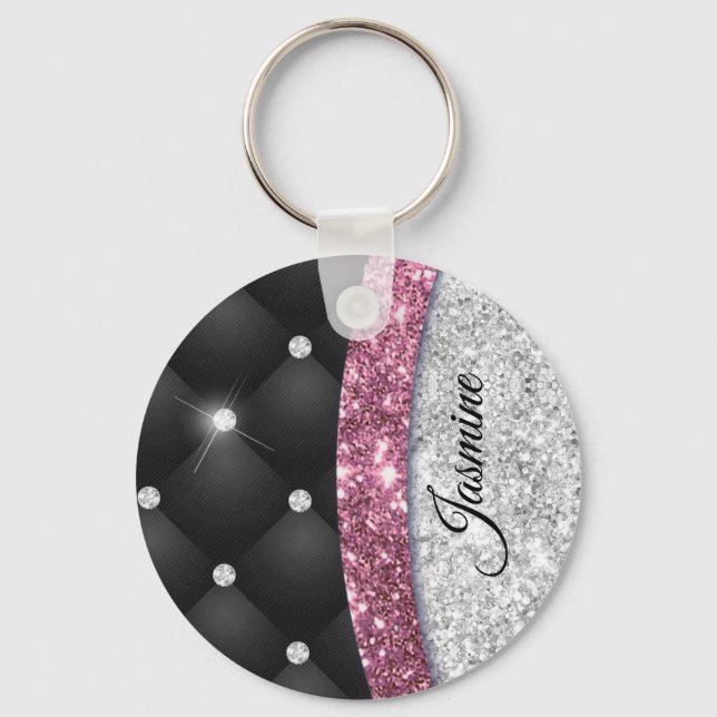 Chic girly faux Silver glitter black pink monogram Key Ring (Front)