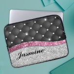 Chic girly faux Silver glitter black pink monogram Laptop Sleeve<br><div class="desc">Pretty chic and elegant girly faux silver glitter and rhinestones bling to create a special unique stylish laptop sleeve. Beautiful, modern and cool pillow for the trend-savvy and art-loving hip trendsetter. Easily personalise this trendy chic laptop sleeve with your name. This stylish design would be great for girls who enjoy...</div>