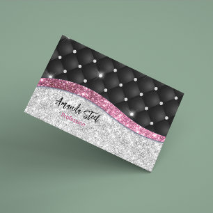 Chic girly faux Silver glitter black pink monogram Magnetic Business Card