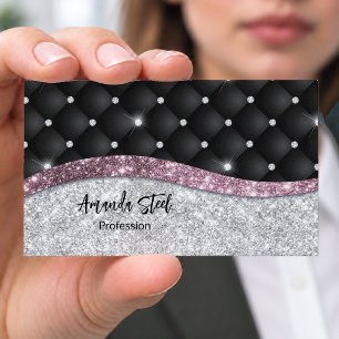 Chic girly faux Silver glitter black pink monogram Magnetic Business Card