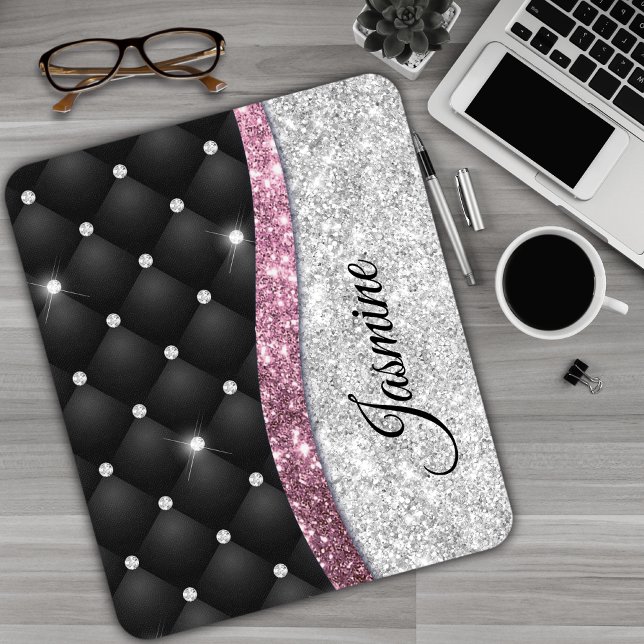 Chic girly faux Silver glitter black pink monogram Mouse Pad (Creator Uploaded)
