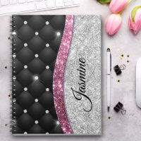 Chic girly faux Silver glitter black pink monogram