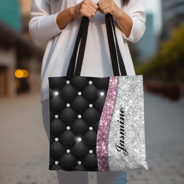 Chic girly faux Silver glitter black pink monogram Tote Bag (Creator Uploaded)