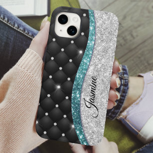 Chic girly faux Silver glitter black teal monogram Case-Mate iPhone 14 Case