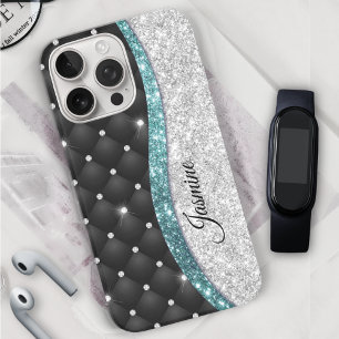 Chic girly faux Silver glitter black teal monogram iPhone 16 Pro Case