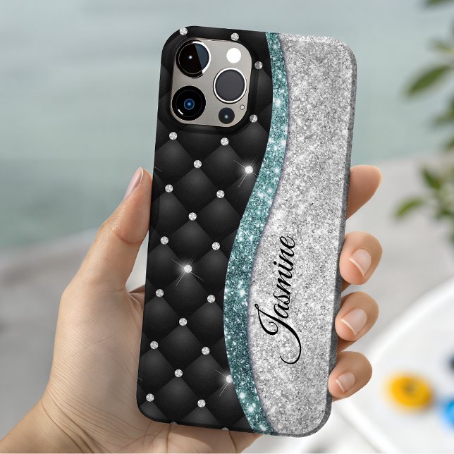 Chic girly faux Silver glitter black teal monogram Case-Mate iPhone Case (Creator Uploaded)