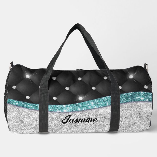 Chic girly faux Silver glitter black teal monogram Duffle Bag (Front)