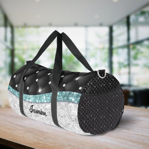 Chic girly faux Silver glitter black teal monogram Duffle Bag