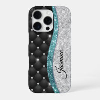 Chic girly faux Silver glitter black teal monogram