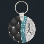 Chic girly faux Silver glitter black teal monogram Key Ring<br><div class="desc">A cool girly faux silver teal turquoise aqua glitter and rhinestones bling with black tuffted design. Elegant Glitter Monogram keychain. Personalise it with your name, monogram or other desired text. This makes the perfect sweet 16 birthday, wedding, bridal shower, anniversary, baby shower or bachelorette party gift for someone that loves...</div>