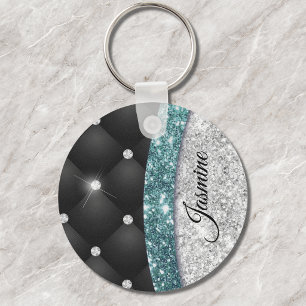 Chic girly faux Silver glitter black teal monogram Key Ring