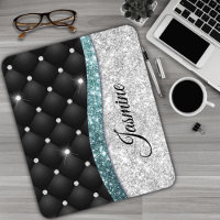Chic girly faux Silver glitter black teal monogram