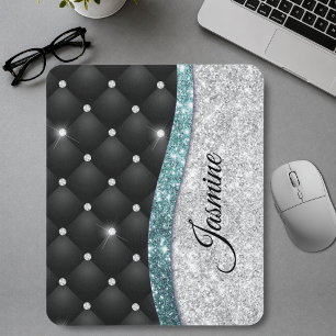 Chic girly faux Silver glitter black teal monogram Mouse Pad