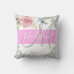 Chic & Girly Floral White Pink Gray Monogram Name Cushion