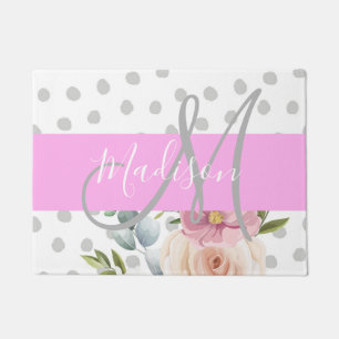 Chic & Girly Floral White Pink Gray Monogram Name Doormat